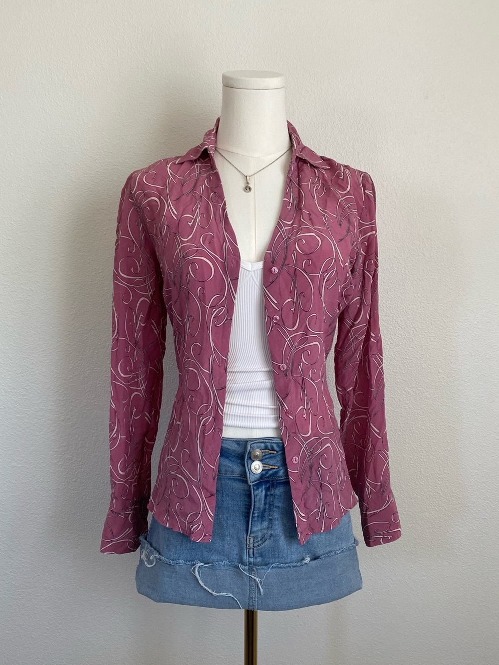 Y2K Merona 100% Silk Pink Blouse Button Down Long Sleeve Whimsigoth